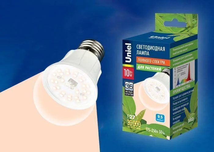 Лампа для растений A60 E27 10W прозрач. LED-A60-10W, E27 Uniel