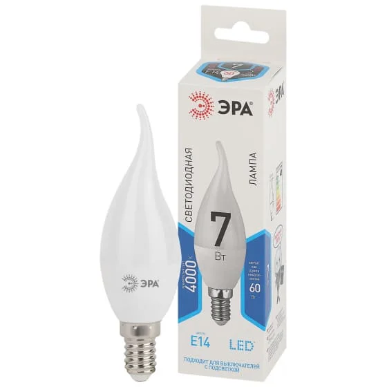 Лампочка светодиодная ЭРА STD LED BXS-7W-840-E14 E14 7Вт свеча на ветру нейтральный белый свет