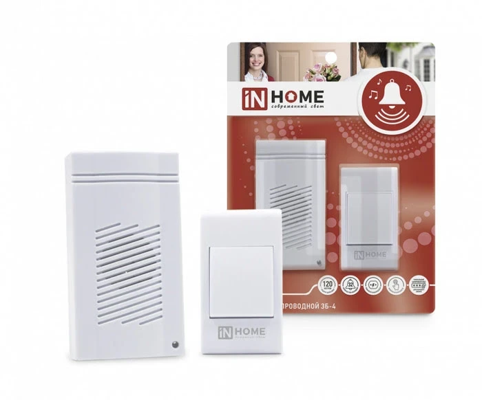 Фото для Звонок беспроводной ЗБ-4 32 мелодии 120м сетевой с кнопкой белый IN HOME