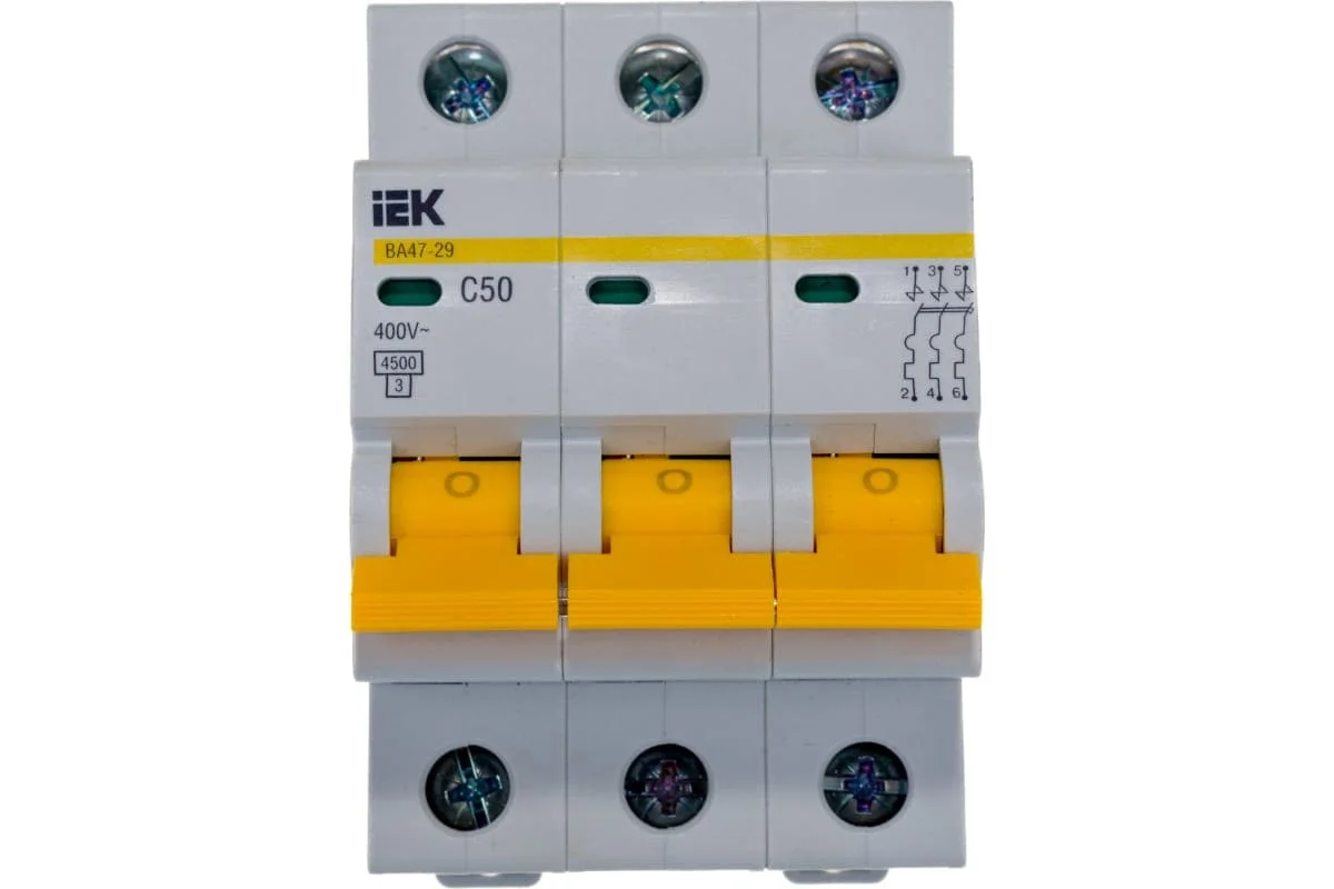 Автоматический 3-полюсной выключатель, IEK ВА47-29 50А, тип расцепления С, 4.5кА