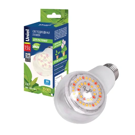 Лампа светодиодная для растений LED-A60-15W-SPFB-E27-CL Форма A, прозрачная, Спектр для фотосинтеза