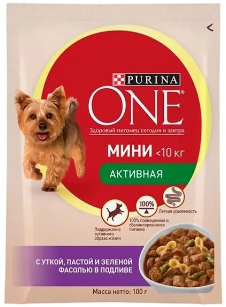 Purina ONE MINI м/п д/активных собак, с уткой, пастой и зел фасолью в подливе 85 гр