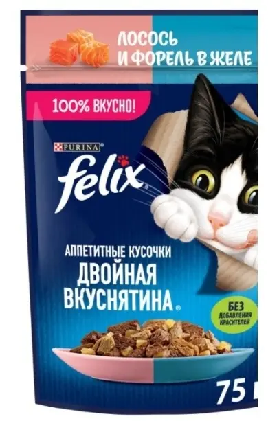 Felix в/к д/кошек ,Двойная вкуснятина, с лососем и форелью в желе,75 гр