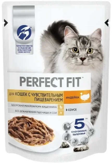 Фото для Perfect Fit Влажный корм для кошек с чувствит пищеварением, с индейкой в соусе, 75 г