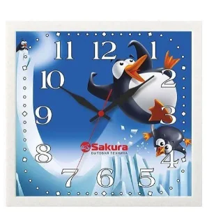 Фото для Часы настен.SAKURA ПЕ-А8 Веселые Пингвины/Мрамор.рамка (235*235*35,кварц)