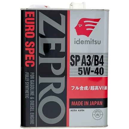 Фото для Масло моторное Idemitsu Zepro Euro Spec 5w40, синтетическое, API SP, ACEA A3/B3/B4, универсальное, 4л, арт. 30006041-004