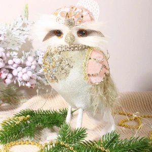 Фото для Фигурка декоративная Сова велюровая с пайетками и перьями розово-мятная винтаж 21см