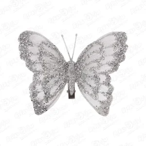 Фото для Украшение бабочка блестящая серебряная 12см