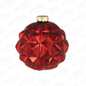 Украшение елочное шар красный с рельефом треугольники стеклянный 8см