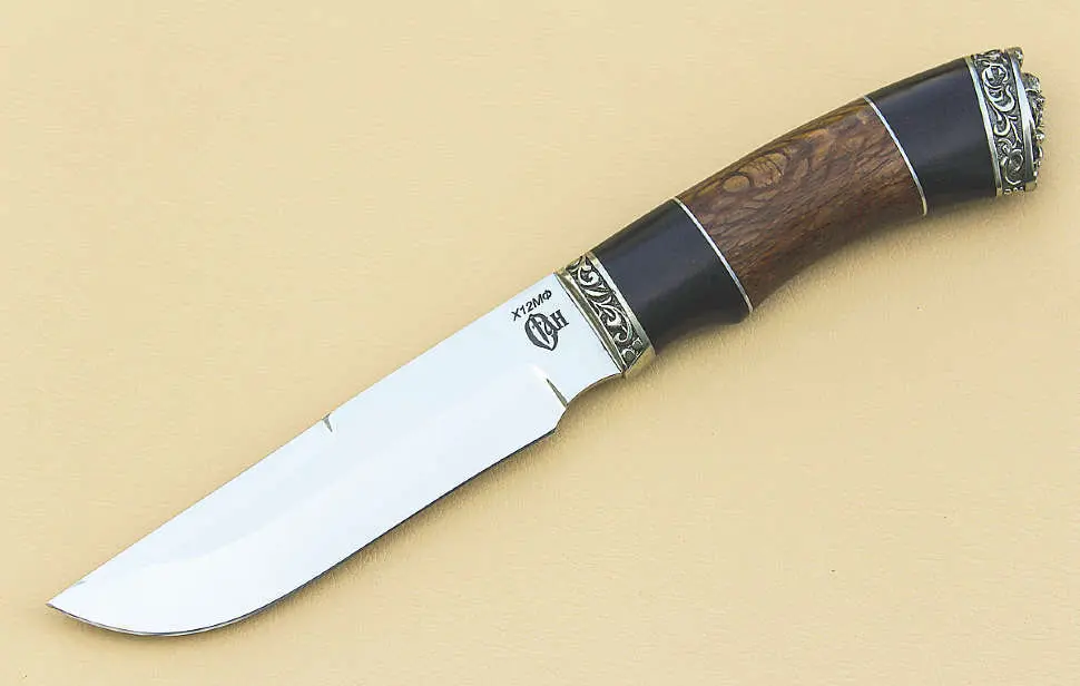 Нож "Олень" сталь Х12МФ (морёный граб+гарда-мельхиор+кольцо)
