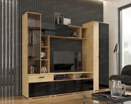 Фото для Гостиная Крокус (Дуб вотан/Черный глянец)