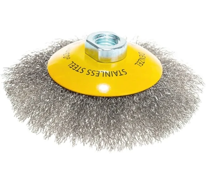 Щетка для УШМ, 125 мм, М14, Тарелка, витая нержавеющая проволока 0,3 мм// Denzel