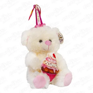 Игрушка мягкая Медведь белый с розовым колпаком и кексом 41см